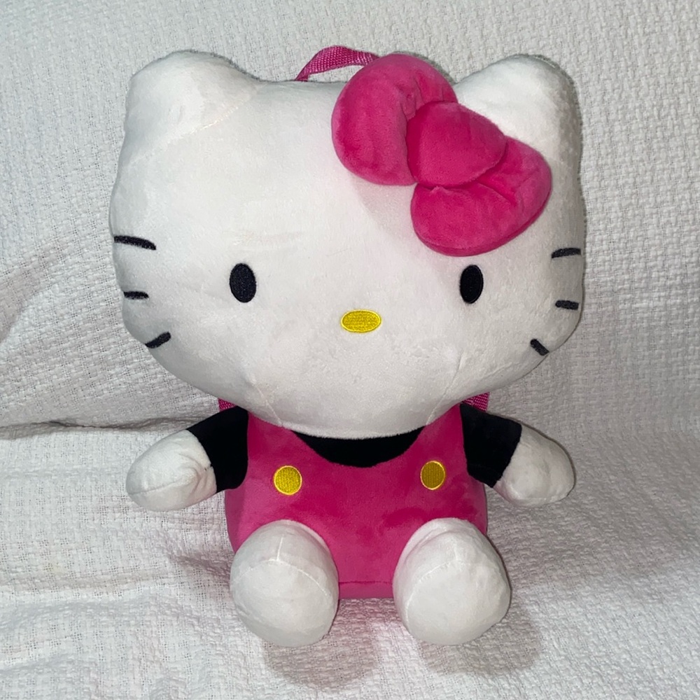 Nwot Hello Kitty Soft Plush Backpack Web Straps Pink White Zip Pocket - Picture 1 of 12